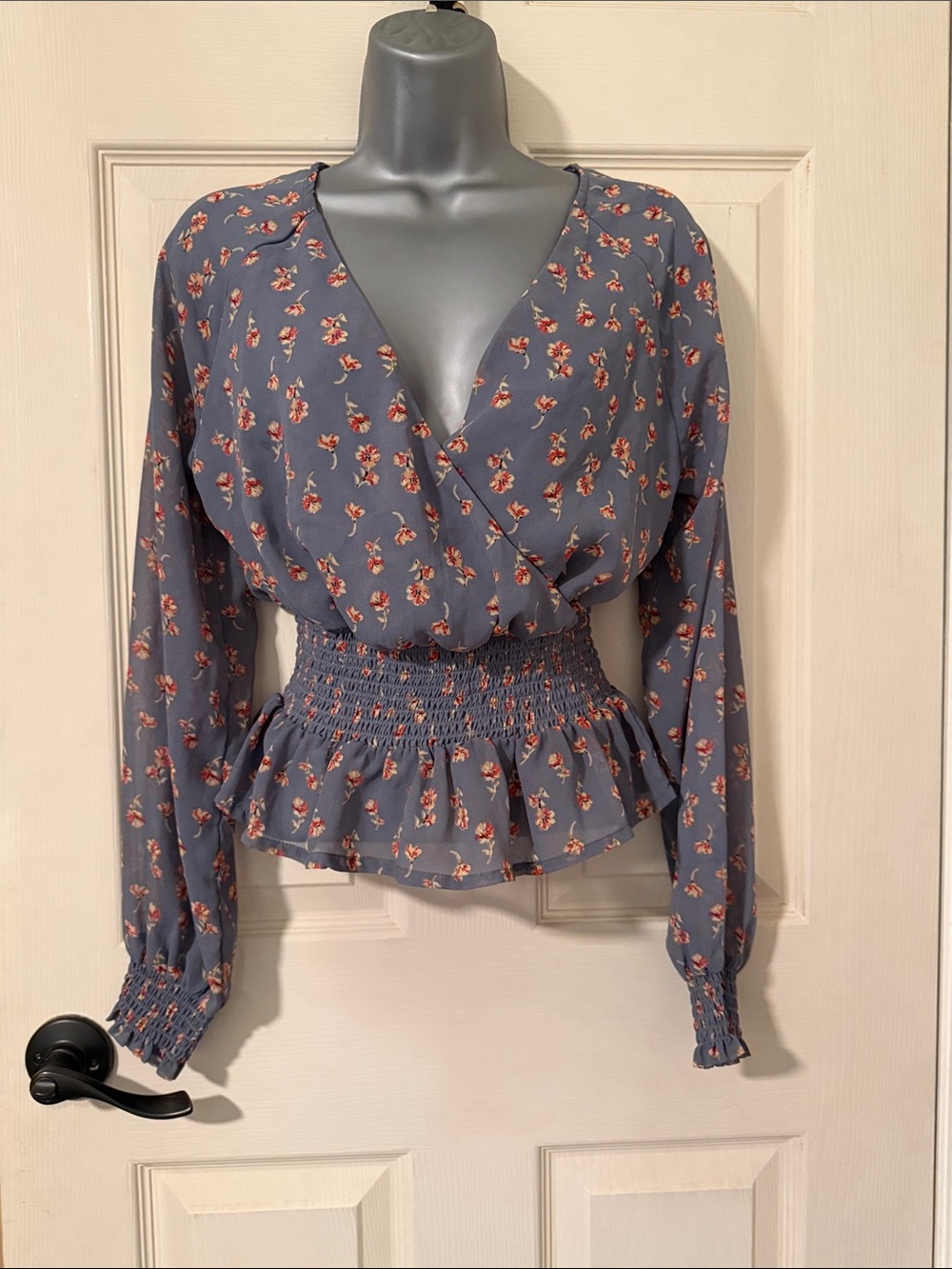 Japna Dusty Blue Floral Smocked Wrap Blouse